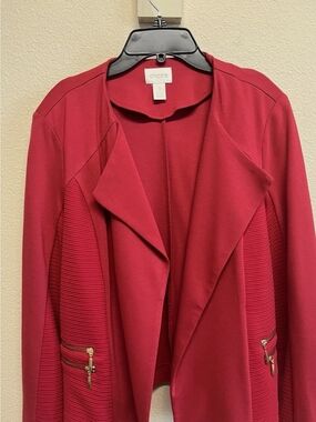 Chico's Deep Red Open-Front Blazer with Gold Zippers